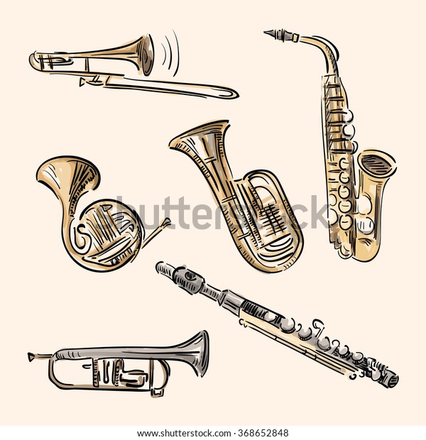 Wind Musical Instruments Isolated Under The White Background
