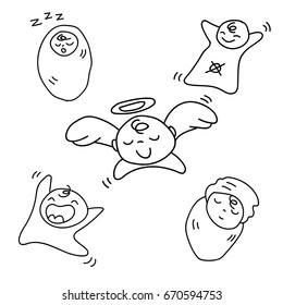 set of hand drawing abstract cartoon new born baby. Happiness concept. vector illustration line art eps 10.