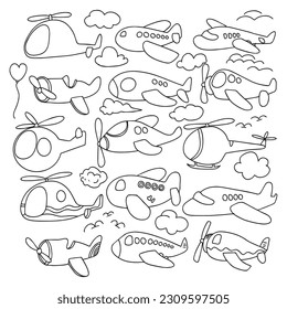 Set of hand drawing airplane, helicopter variant types isolated on white background