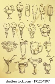 set of hand drawing alcohol coctail and ice cream