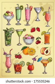 set of hand drawing alcohol coctails and fruit