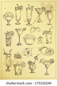 set of hand drawing alcohol coctails and fruit