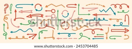 Set of hand drawing arrows doodle bold marker. Childish multi colored drawn direction pointers sign. Ideal for adding playful touch presentations designs kid projects, infographics statistics vector