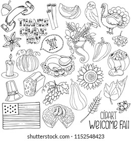 Set of hand drawing autumn leaves, berries, bumps, with hand drawing text,  black and white vector illustration
