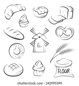 Set of hand drawing bakery icons. Vector illustration.