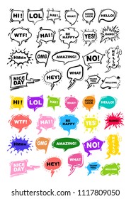 Set of hand drawing balloon black and colorful speech bubbles with short messages. Freehand drawing. Vector illustration. Isolated on white background
