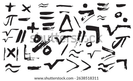 Set of hand drawing black math symbol, collection of mathematics glyph icons drawn in ink, hand drawn line art mathematical symbols vector, sloppy grunge plus and minus signs for students