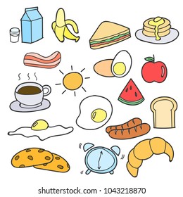 Set of Hand Drawing Breakfast Doodle Vector with color