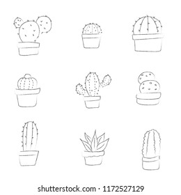Set of hand drawing cactus  pot plant