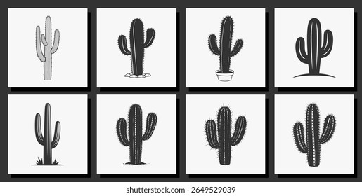Set of Hand drawing a cactus silhouette vector with a white background