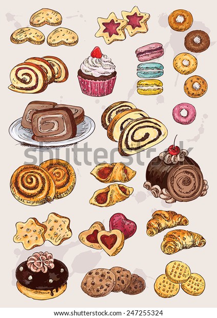 Set Hand Drawing Cakes Cookies Stock Vector (Royalty Free) 247255324