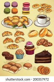 set of hand drawing  cakes and sweet