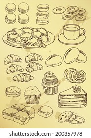 set of hand drawing  cakes and sweet