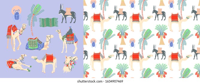 set of hand drawing camel, donkey and palm tree, vector illustration background