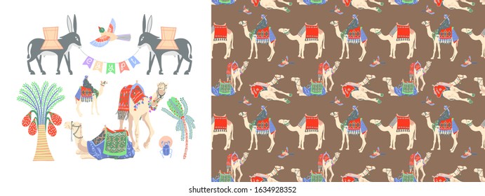 set of hand drawing camel, donkey and palm tree, vector illustration background