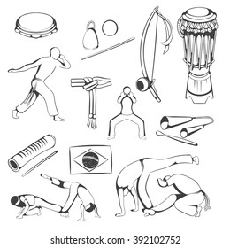 Set of hand drawing Capoeira elements. Vector.