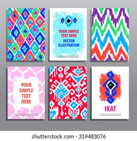 Set of hand drawing cards in ikat technique. Vector design templates collection. Vintage style.