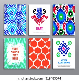 Set of hand drawing cards in ikat technique. Vector design templates collection. Vintage style.