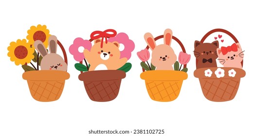 set of hand drawing cartoon animals inside basket. cute animal sticker for kids, cute animal doodle set