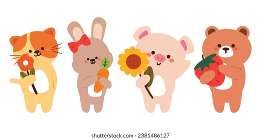 set of hand drawing cartoon animals sticker set. cute animal drawing for sticker, icon