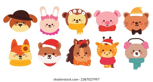 set of hand drawing cartoon animals sticker set. cute animal drawing for winter sticker, icon, winter collection