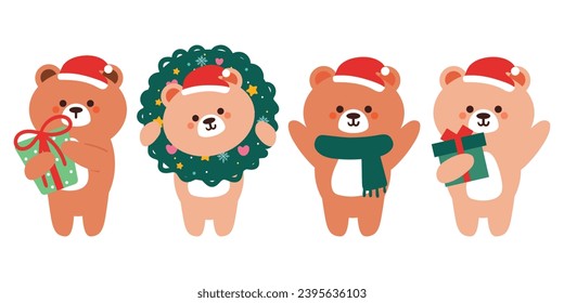 set of hand drawing cartoon bear sticker set. cute bear with winter and christmas element. cute animal drawing for sticker, icon