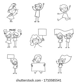 Set of Hand drawing cartoon character happy girl. Girl power and girlfriends holding banner, board to celebrate Pride day concept. Abstract people line art vector.