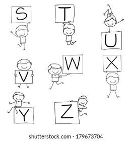 set of hand drawing cartoon character happiness alphabet