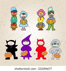 set of hand drawing cartoon character halloween