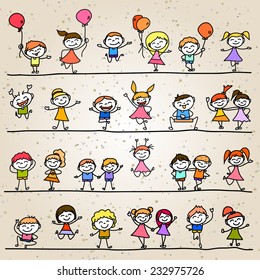 set of hand drawing cartoon character abstract happy kids 