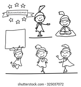 set of hand drawing cartoon character happy businesswomen in different postures illustration