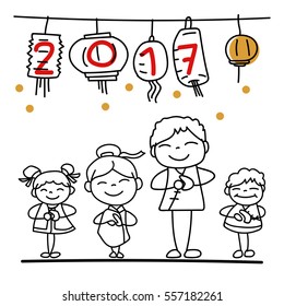 Set of hand drawing cartoon character Chinese people and kids. Happy Chinese New Year 2017, moon year, lunar year concept. Line art for coloring.