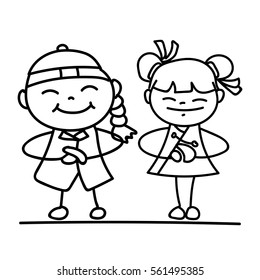 Set of hand drawing cartoon character Chinese people and kids. Happy Chinese New Year, moon year, lunar year concept. Line art for coloring.