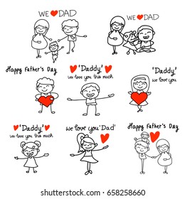 Set Of Hand Drawing Cartoon Concept Happy Father's Day. Happiness And Family. Love Couple, Boy And Girl. Vector Illustration