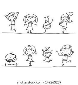 set of hand drawing cartoon happy kids playing