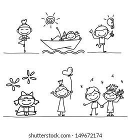 set of hand drawing cartoon happy kids playing 