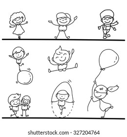 set of hand drawing cartoon happy kids playing vector illustration