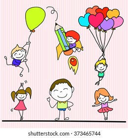 set of hand drawing cartoon happy kids playing vector illustration