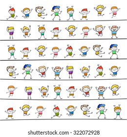 set of hand drawing cartoons concept happy boys playing in different posture vector illustration