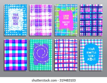 Set of hand drawing checkered cards. Vector design templates collection. Vintage style.