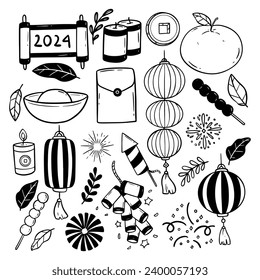 set of hand drawing chinese new year with vintage style