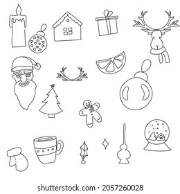 set of hand drawing christmas celebration elements. vector doodle style, outline 