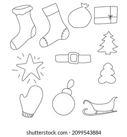 set of hand drawing christmas celebration elements. monochrome vector doodle style, outline