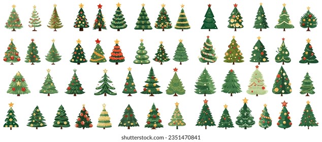 set of hand drawing christmas tree in flat color design. isolated on a transparent background. eps 10