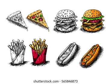 Set of  hand drawing colorful fast foods. Isolated vector.