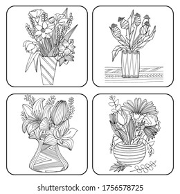 Set of hand drawing coloring book for children and adults. Beautiful drawings with patterns and small details. Still life vase with wildflowers, garden flowers. A series of anti-stress images.