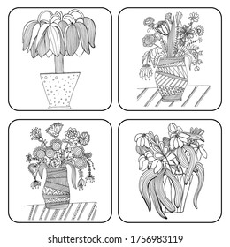 Set of hand drawing coloring book for children and adults. Beautiful drawings with patterns and small details. Still life vase with wildflowers, garden flowers. A series of anti-stress images.