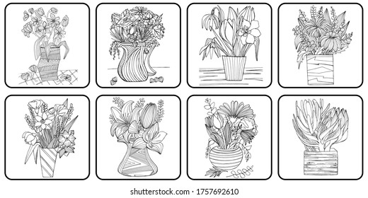 Set of hand drawing coloring book for children and adults. Beautiful drawings with patterns and small details. Still life vase with wildflowers, garden flowers. A series of anti-stress images.