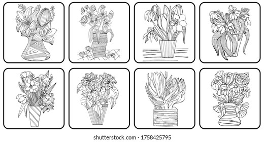 Set of hand drawing coloring book for children and adults. Beautiful drawings with patterns and small details. Still life vase with wildflowers, garden flowers. A series of anti-stress images.