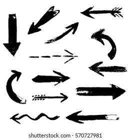 Set of hand drawing comic black ink arrows. Hand painting design elements. Vector collection on white background